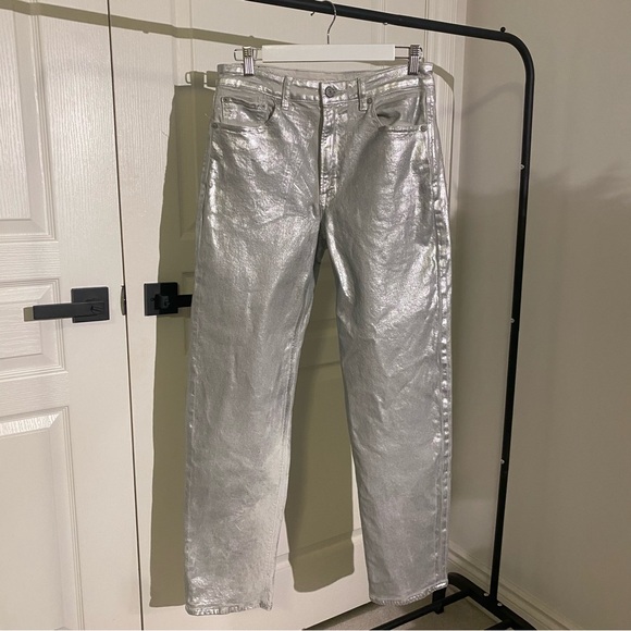 American Eagle Outfitters Metallic High Waisted Baggy Straight Leg Jean - Picture 1 of 3